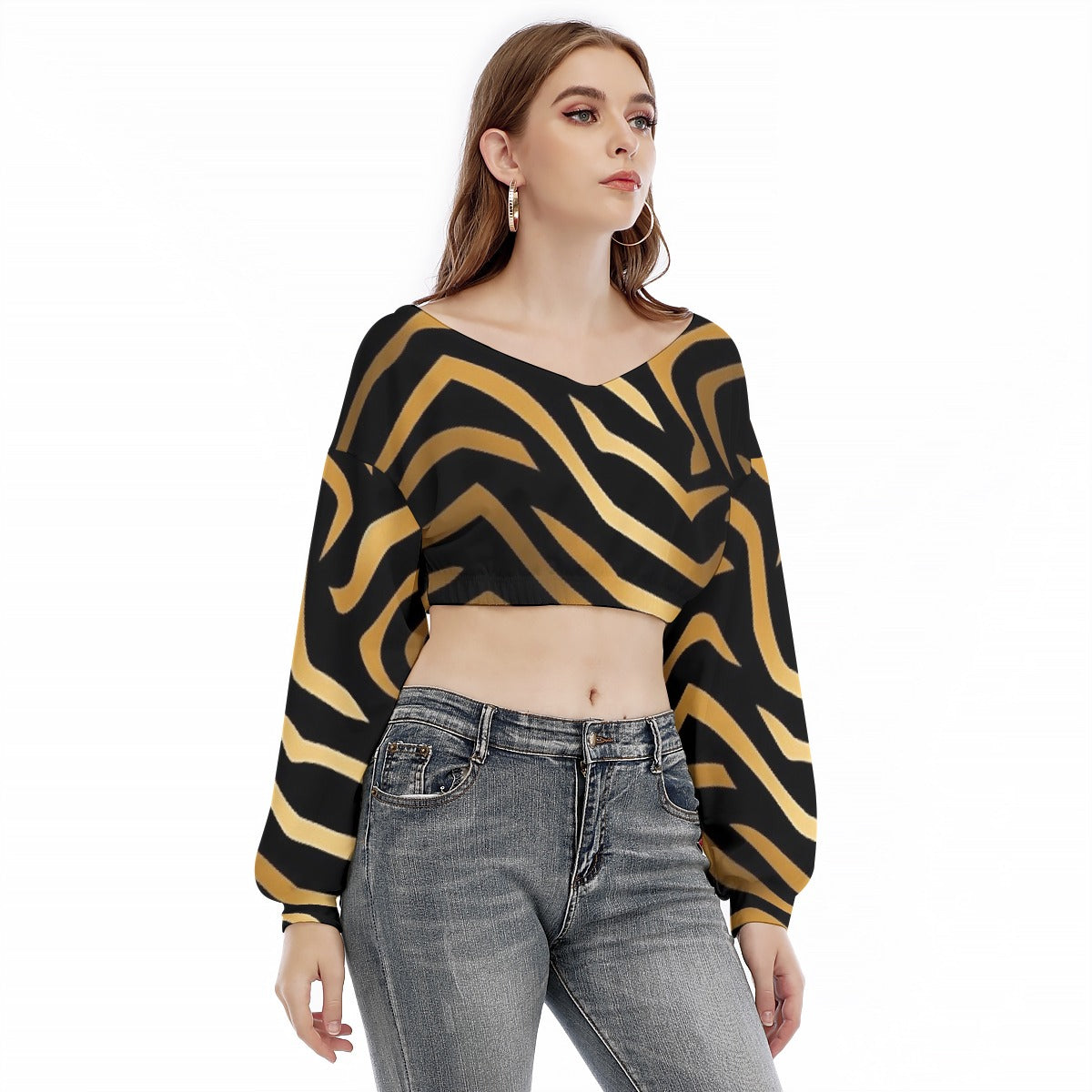 All-Over Print Women's V-neck Long Sleeve Cropped Sweatshirt