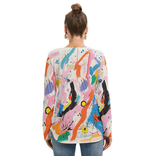 All-Over Print Women's Long Sleeve Neckline Tie Sweatshirt