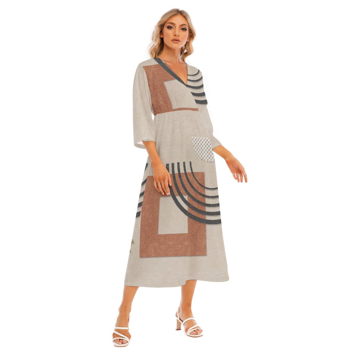 All-Over Print Women's Mid-Sleeve Long Dress