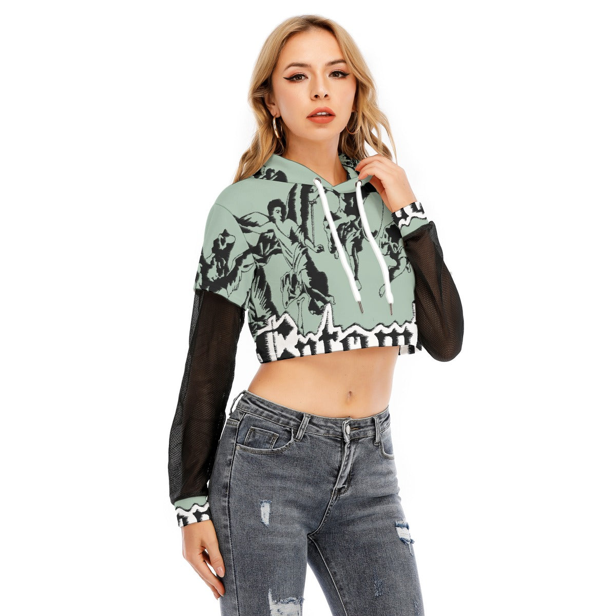 All-Over Print Women's Fake Two-piece Mesh Sleeve Cropped Hoodie