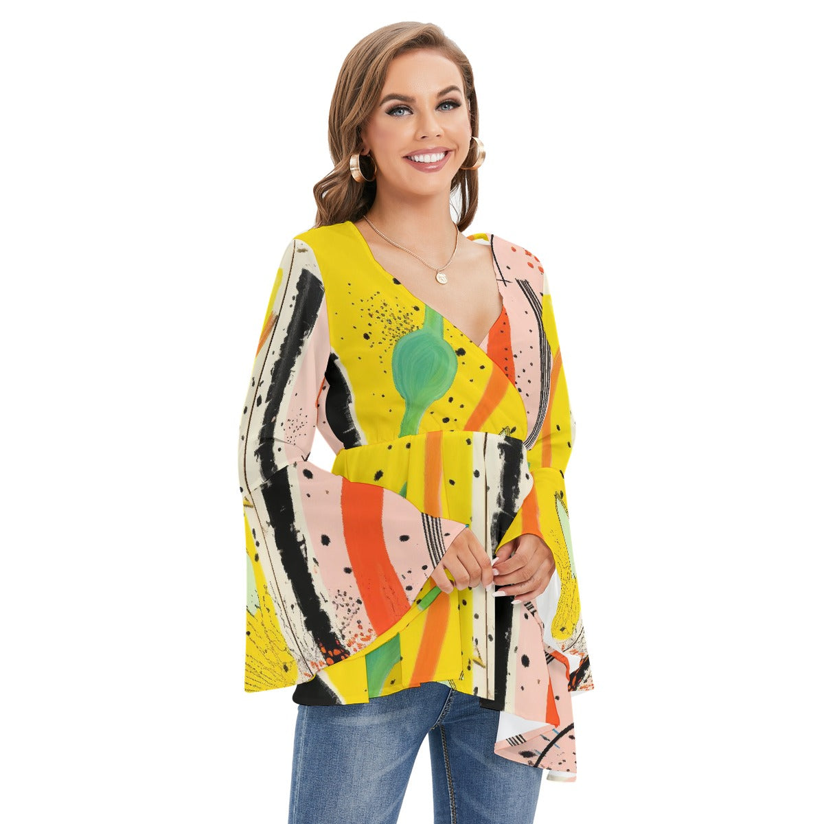 All-Over Print Women's V-neck Blouse With Flared Sleeves