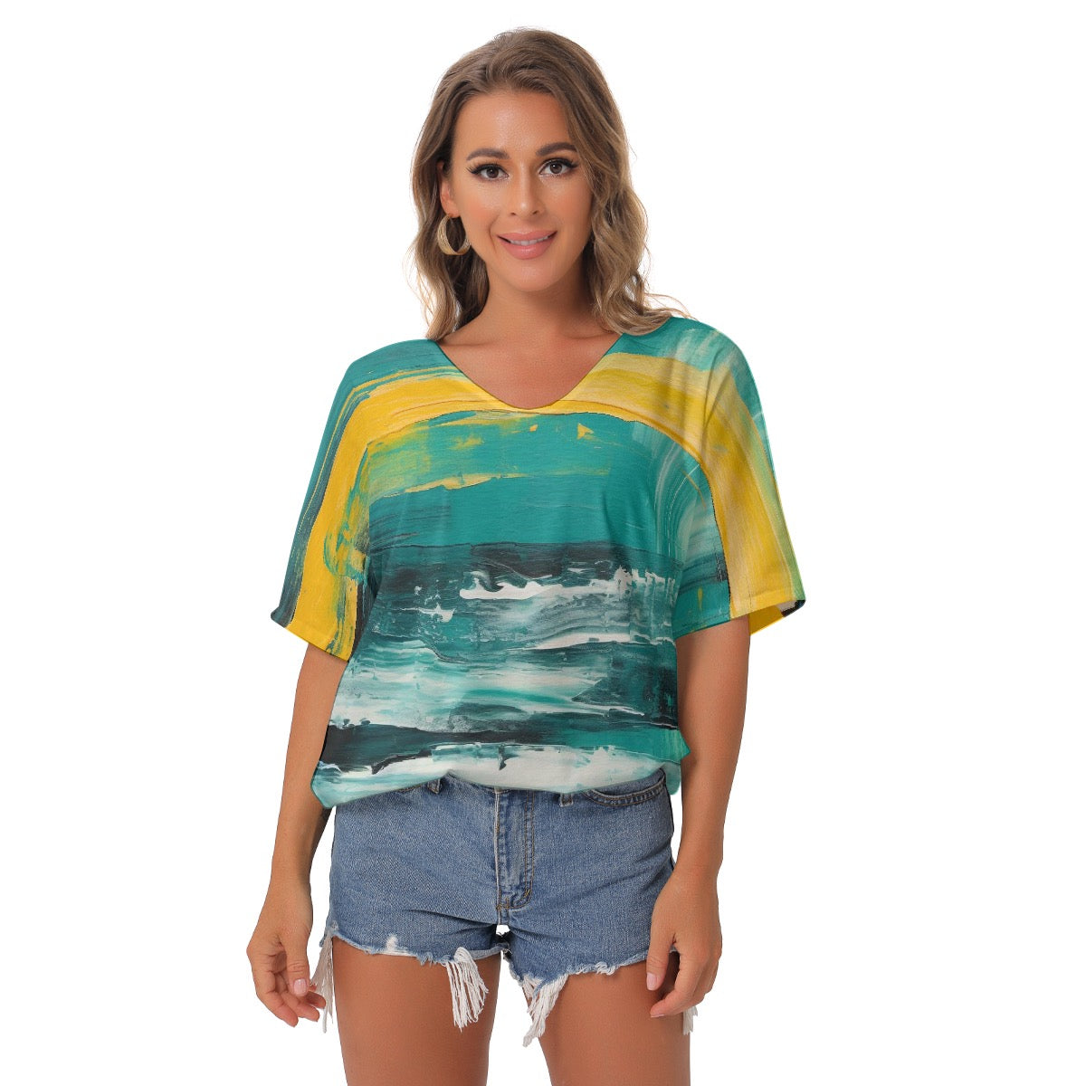 All-Over Print Women's Bat Sleeves V-Neck Blouse