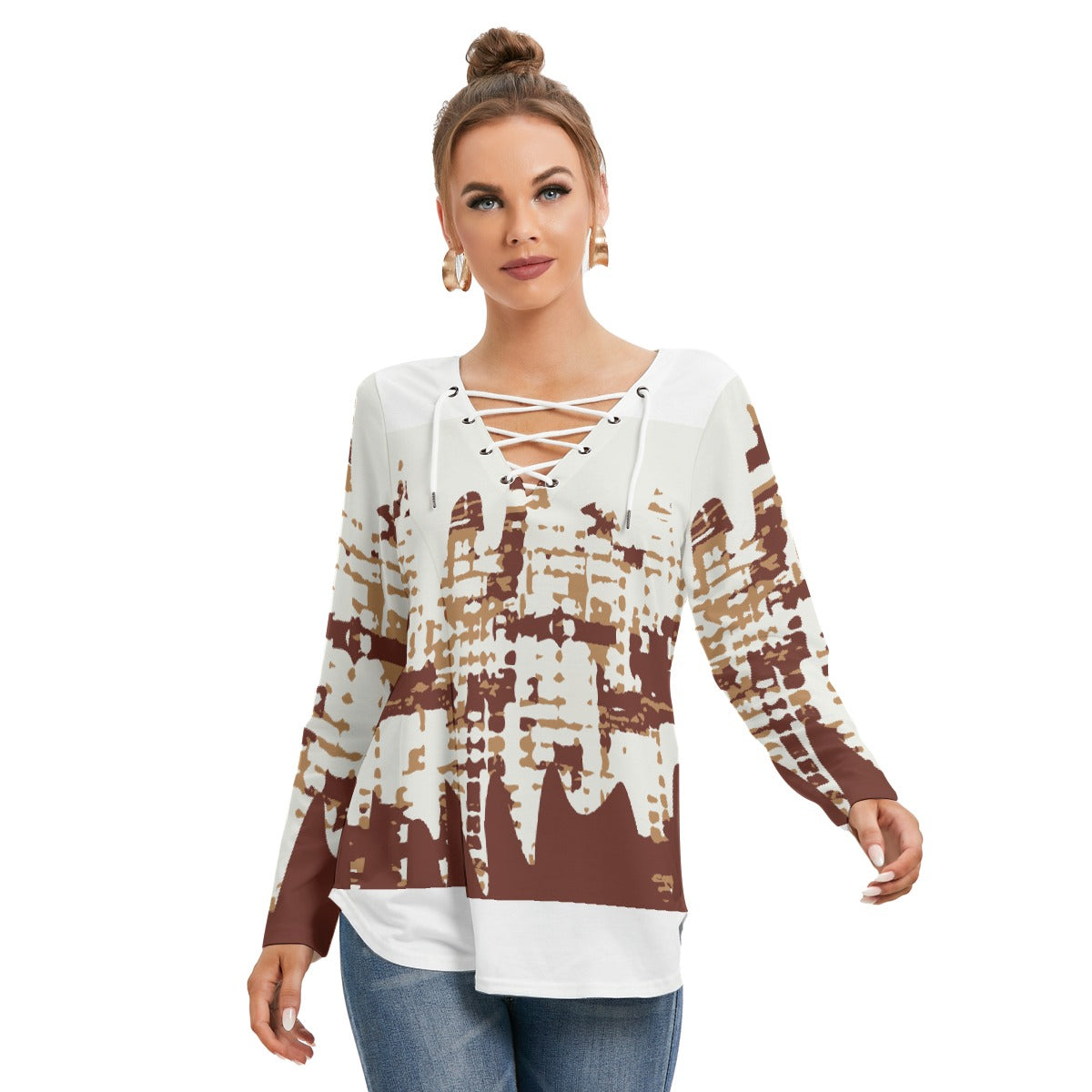 All-Over Print Women's Long Sleeve Neckline Tie Sweatshirt