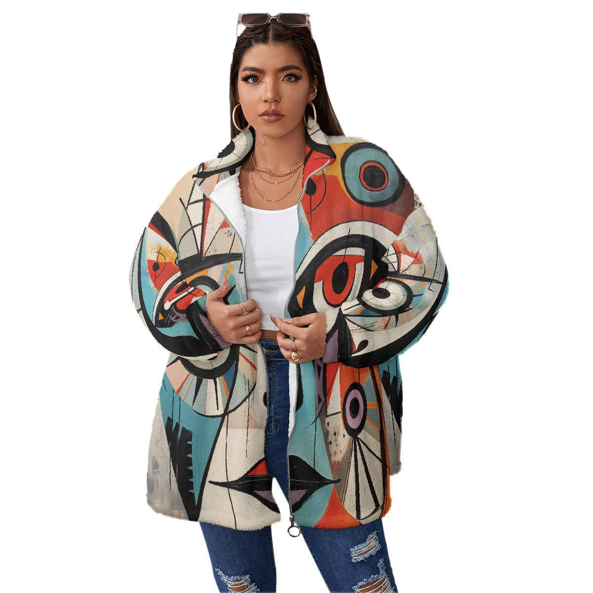 All-Over Print Unisex Borg Fleece Stand-up Collar Coat With Zipper Closure(Plus Size)