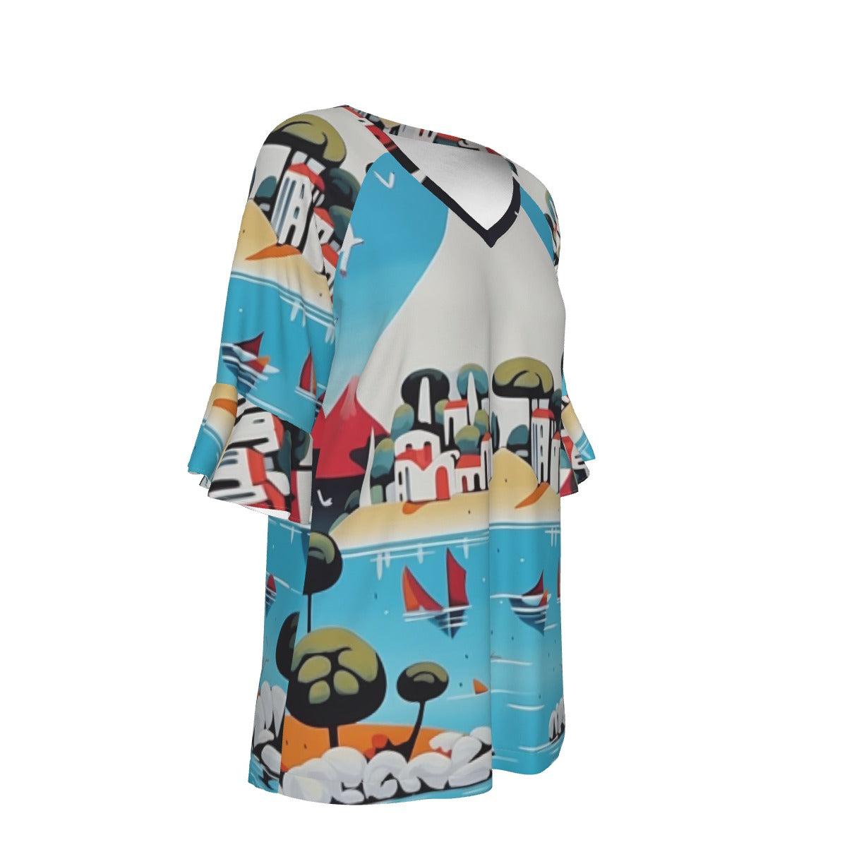 All-Over Print V-neck Women's T-shirt With Bell Sleeve