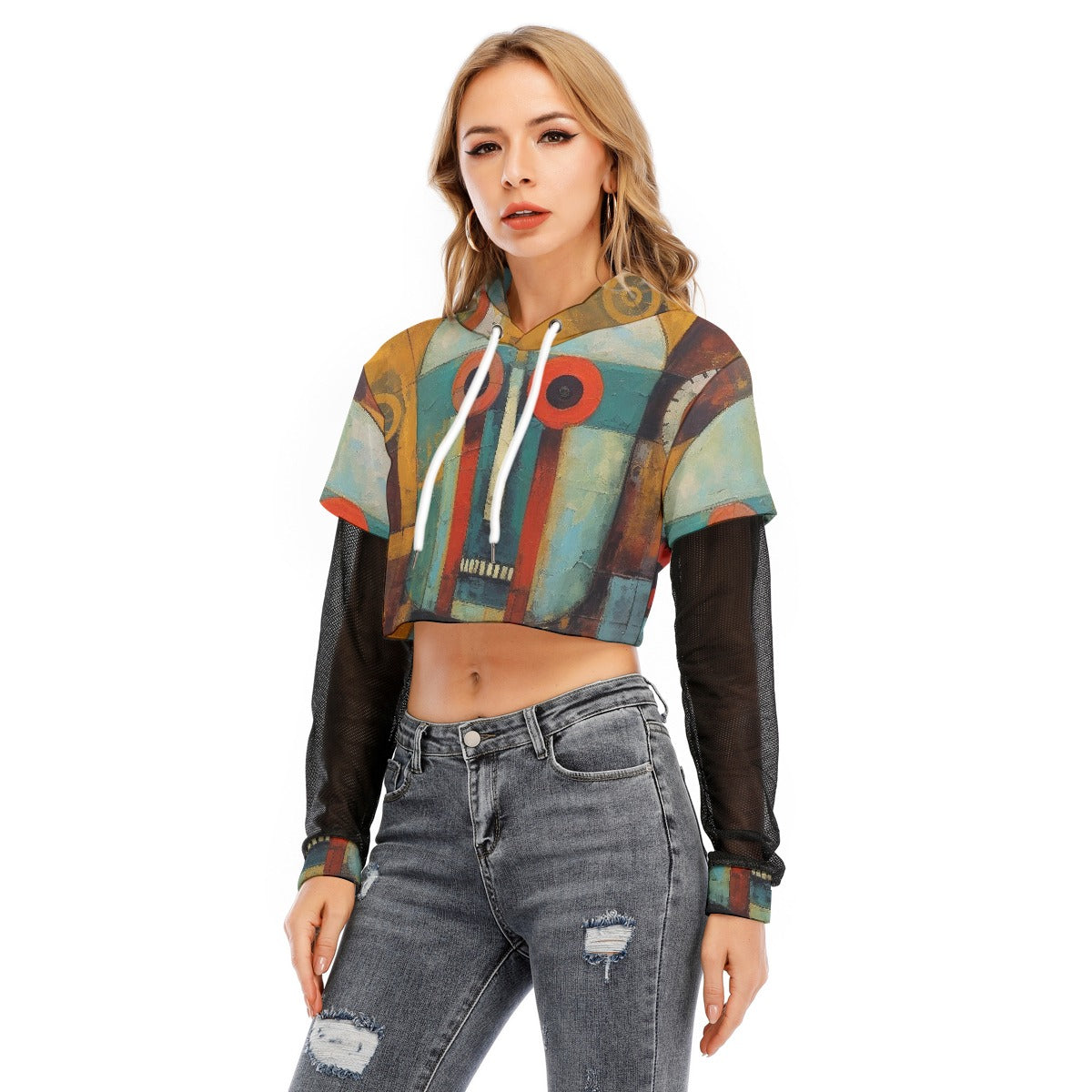 All-Over Print Women's Fake Two-piece Mesh Sleeve Cropped Hoodie
