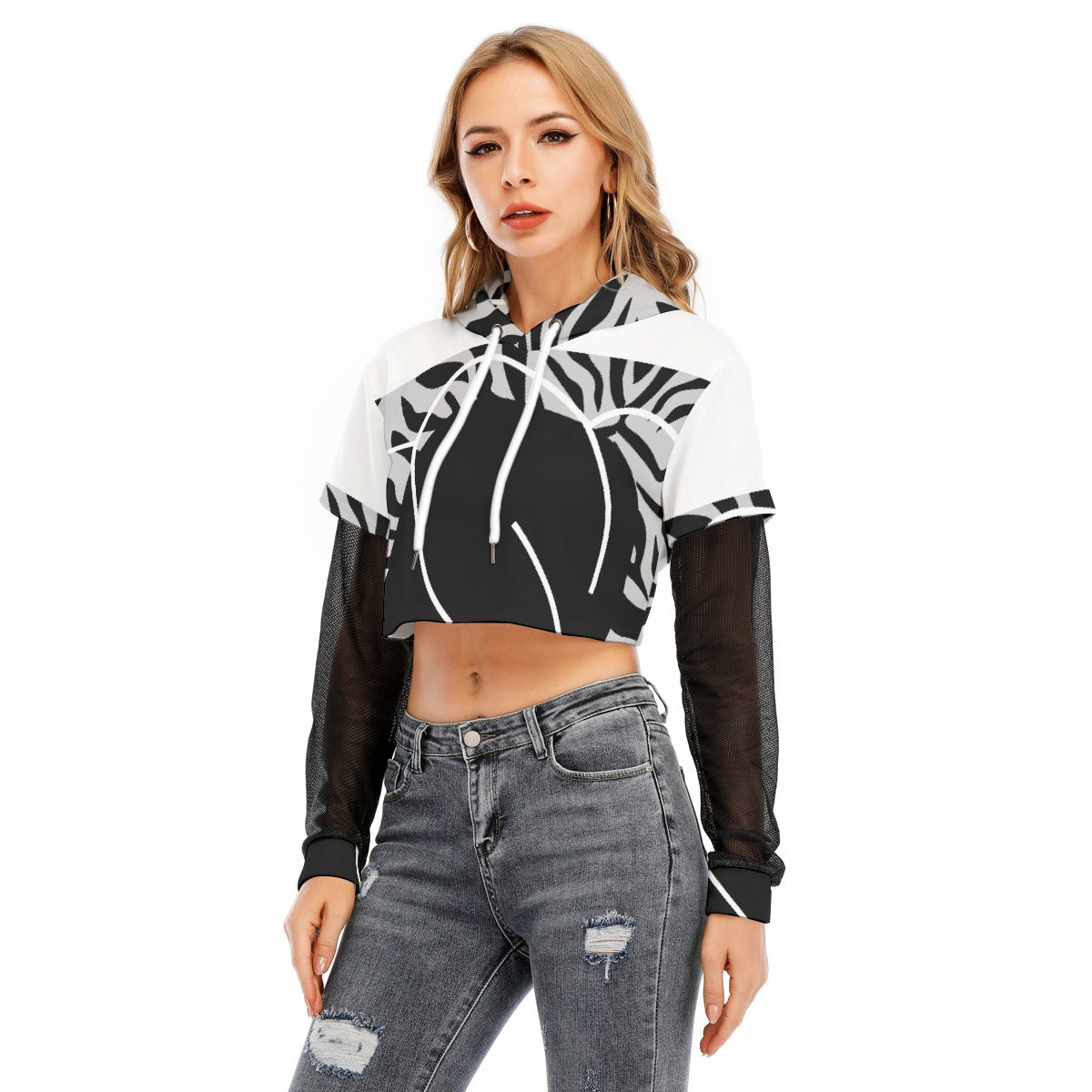All-Over Print Women's Fake Two-piece Mesh Sleeve Cropped Hoodie