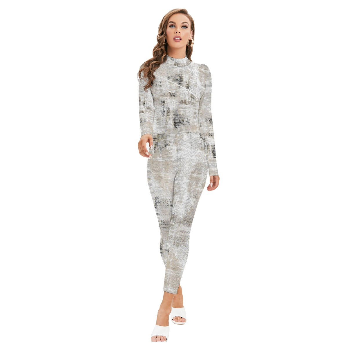All-Over Print Women's Long-sleeved High-neck Jumpsuit With Zipper