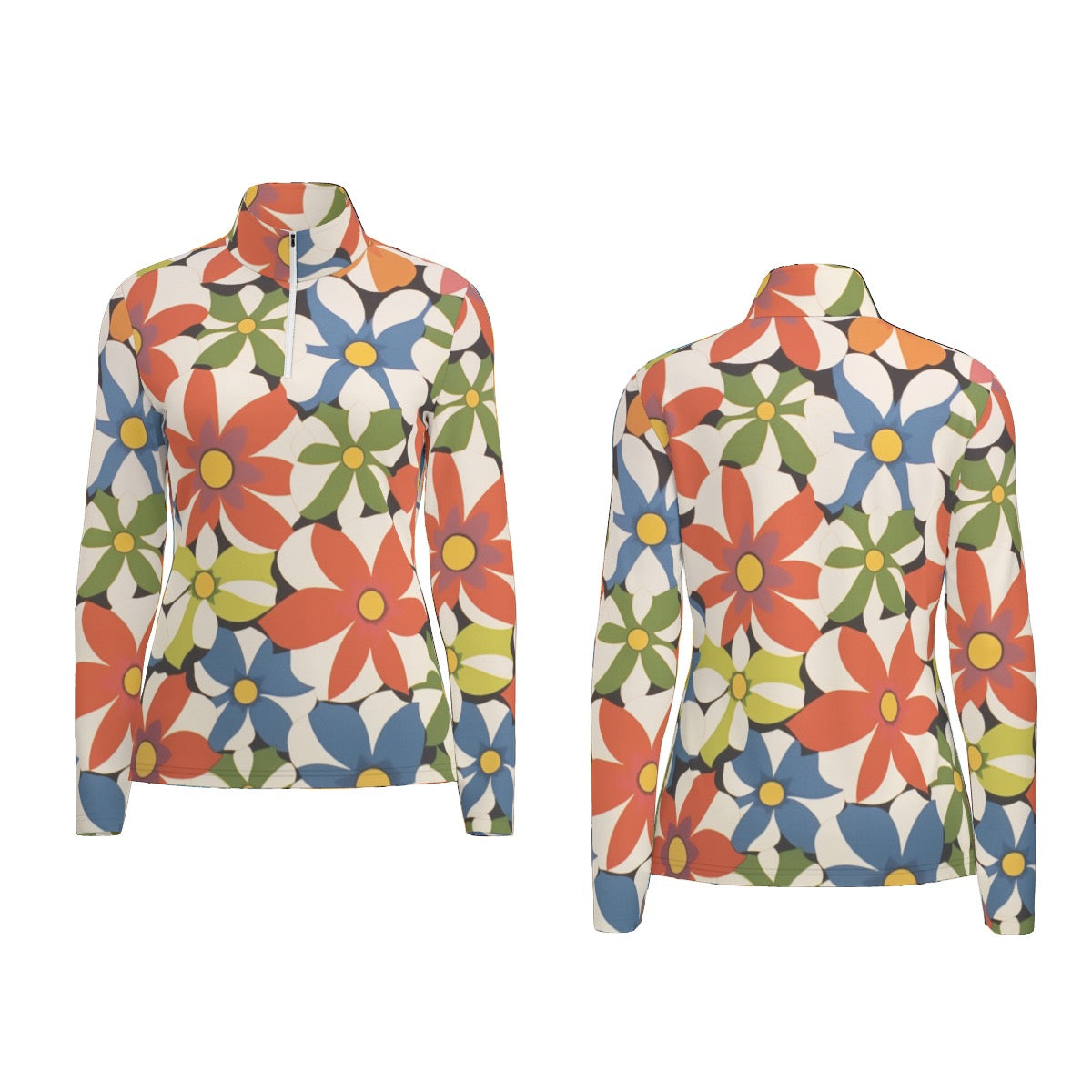 All-Over Print Women's Sports Collar Jersey With Long Sleeve