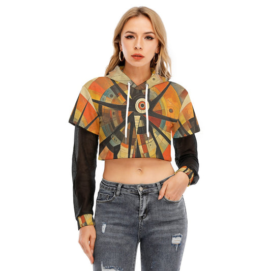 All-Over Print Women's Fake Two-piece Mesh Sleeve Cropped Hoodie