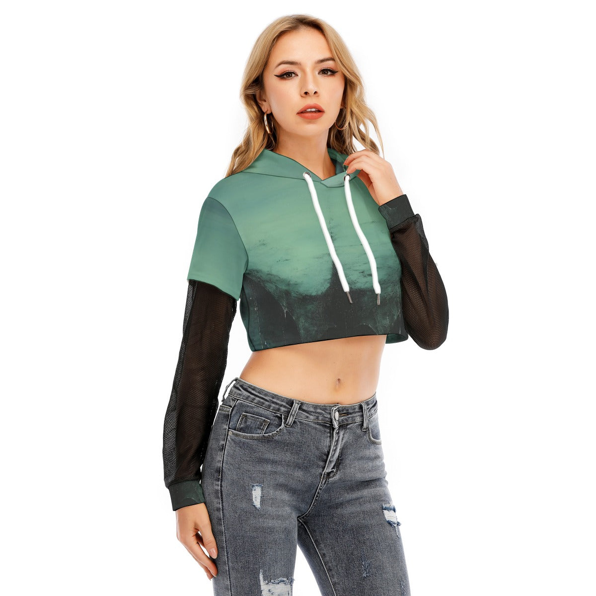All-Over Print Women's Fake Two-piece Mesh Sleeve Cropped Hoodie