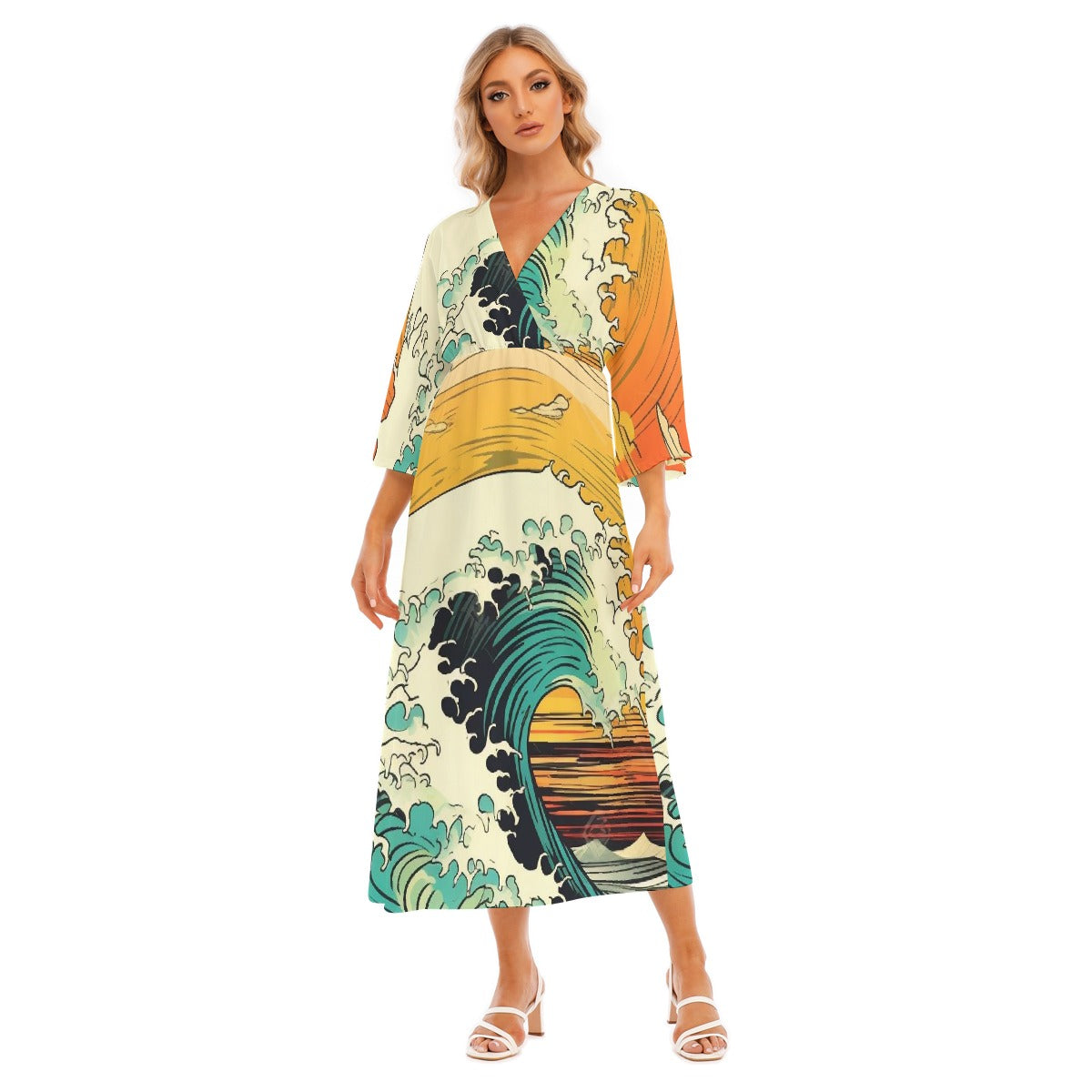 All-Over Print Women's Mid-Sleeve Long Dress
