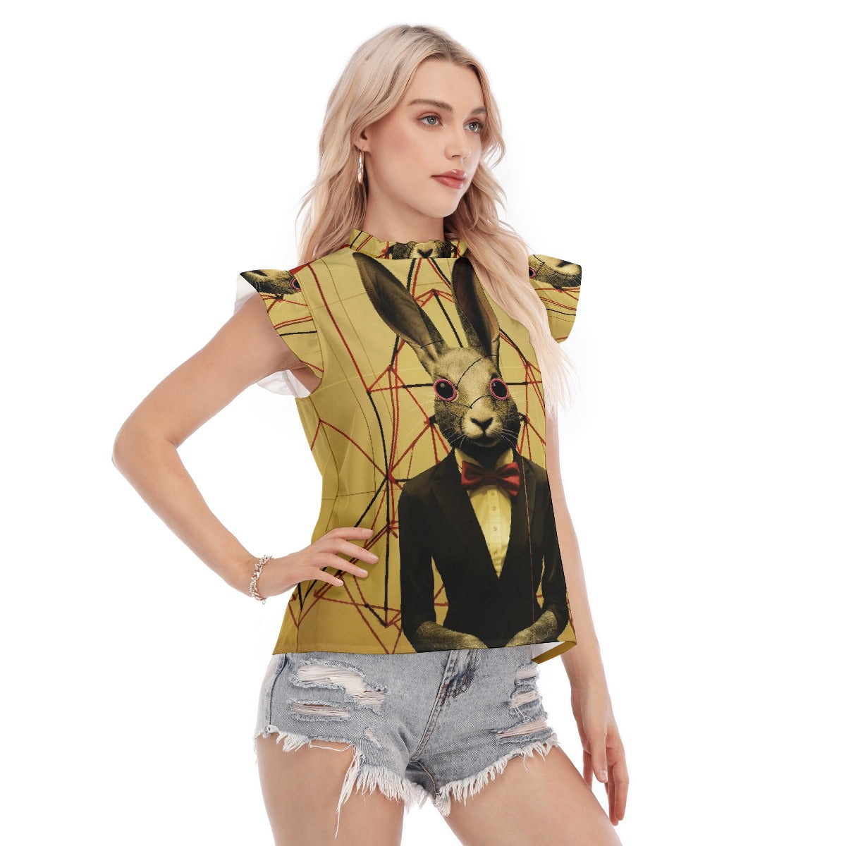 All-Over Print Women's Blouse With Ruffle Collar And Sleeve