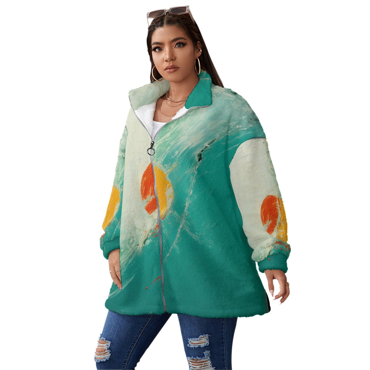 All-Over Print Unisex Borg Fleece Stand-up Collar Coat With Zipper Closure(Plus Size)