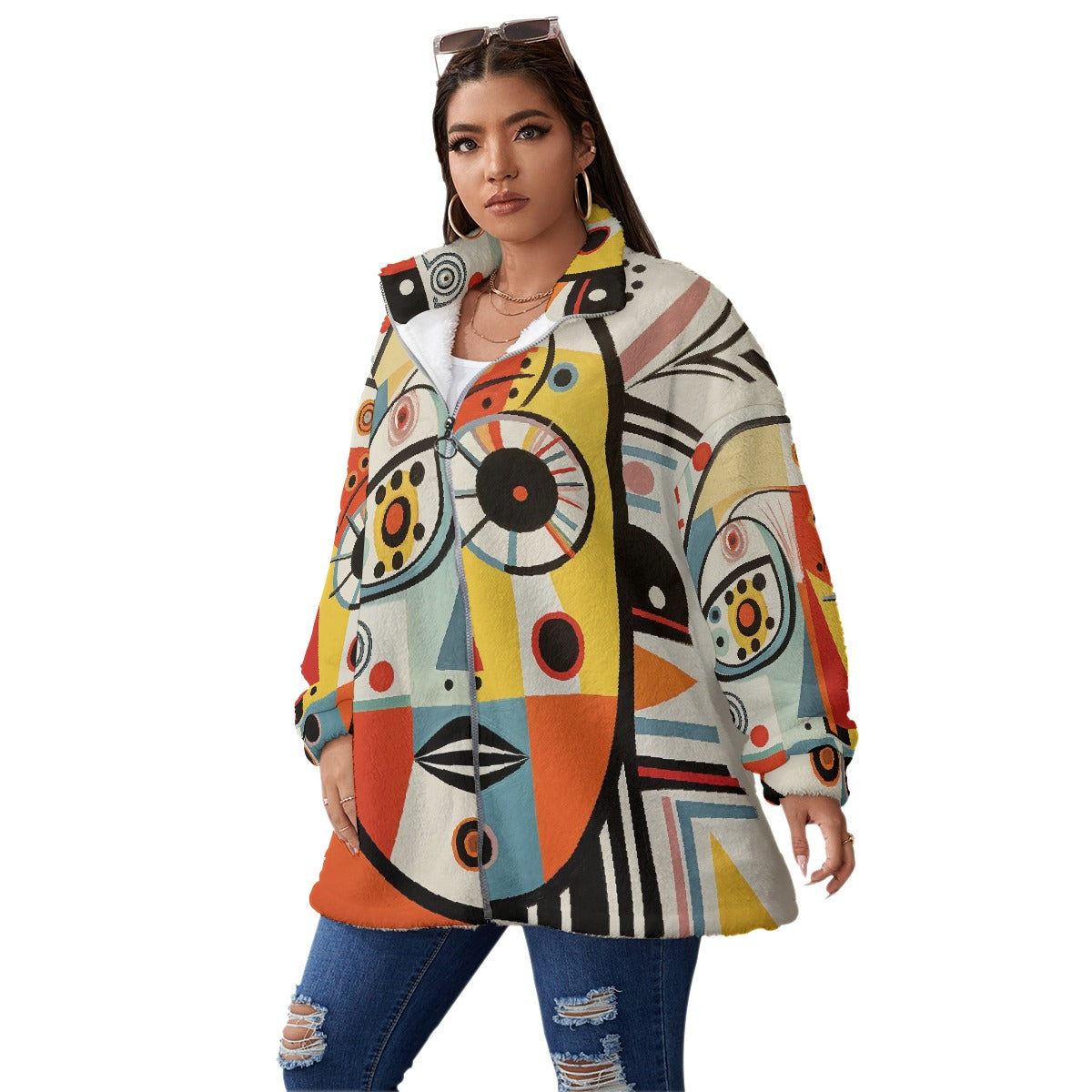 All-Over Print Unisex Borg Fleece Stand-up Collar Coat With Zipper Closure(Plus Size)