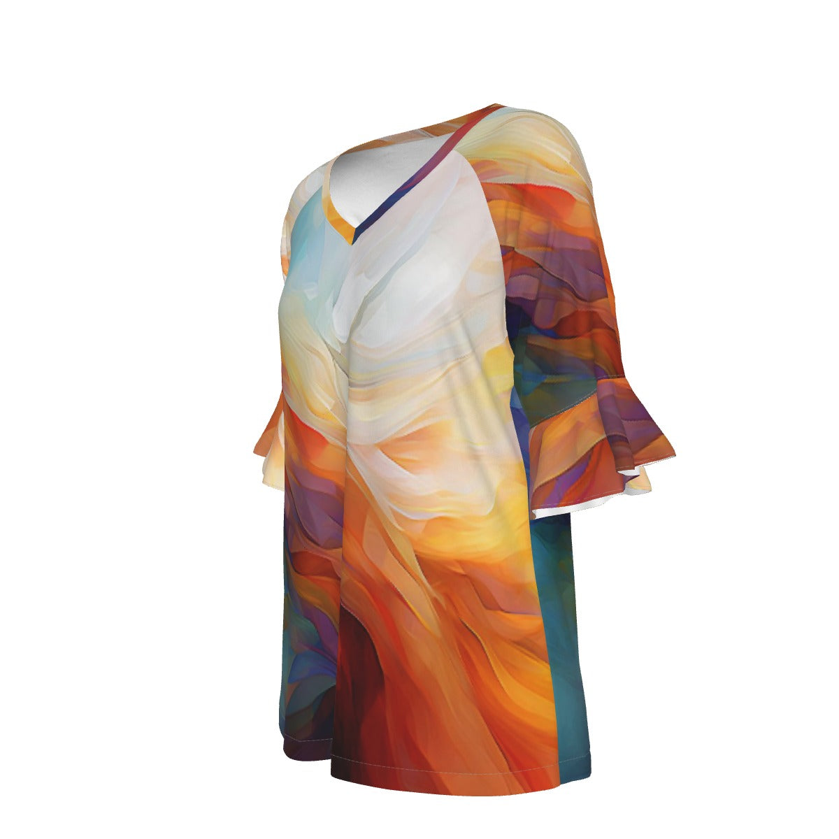 All-Over Print V-neck Women's T-shirt With Bell Sleeve