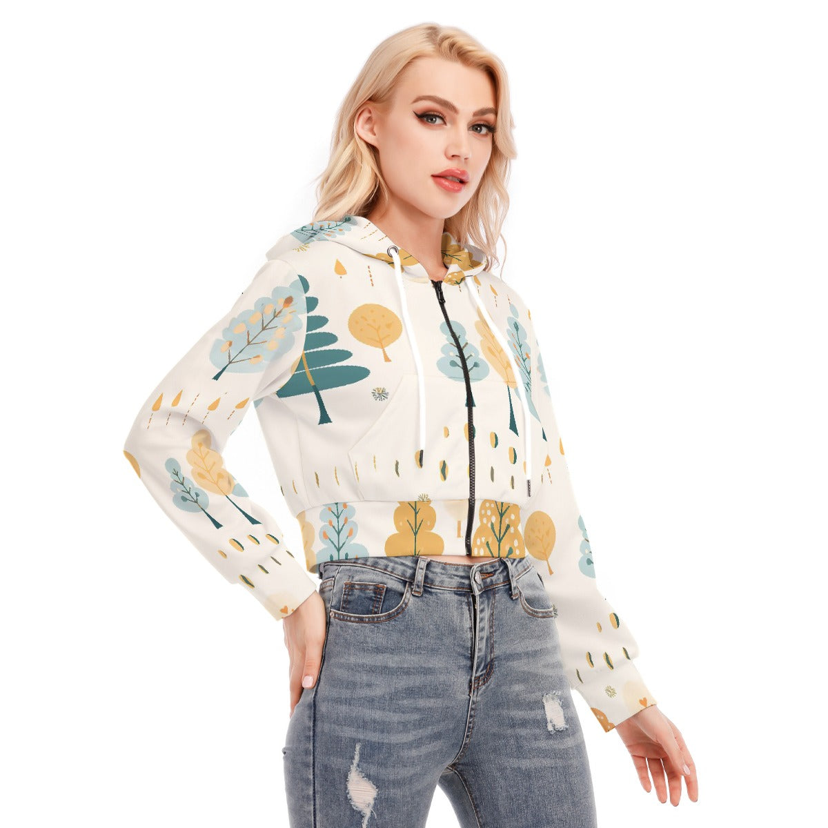 All-Over Print Women's Crop Top Hoodie With Zipper Closure