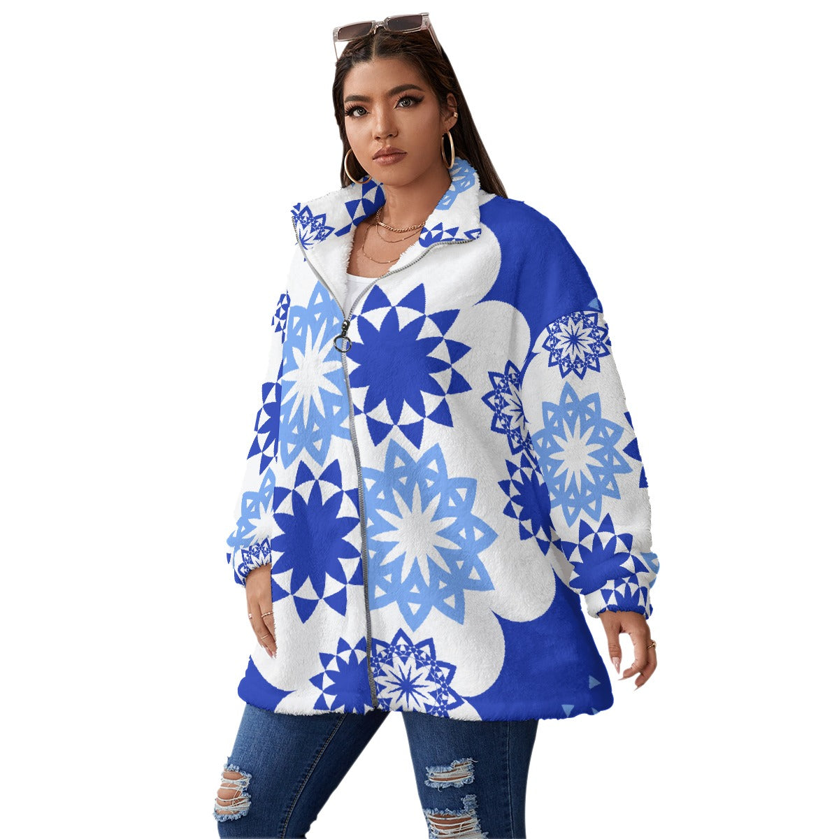 All-Over Print Unisex Borg Fleece Stand-up Collar Coat With Zipper Closure(Plus Size)