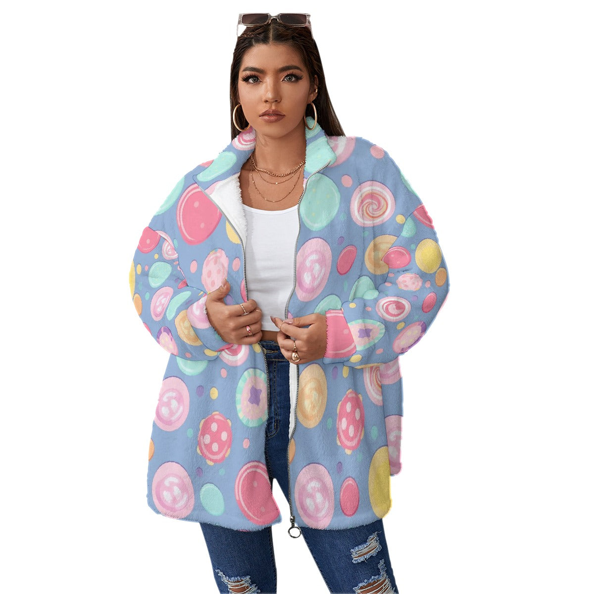 All-Over Print Unisex Borg Fleece Stand-up Collar Coat With Zipper Closure(Plus Size)