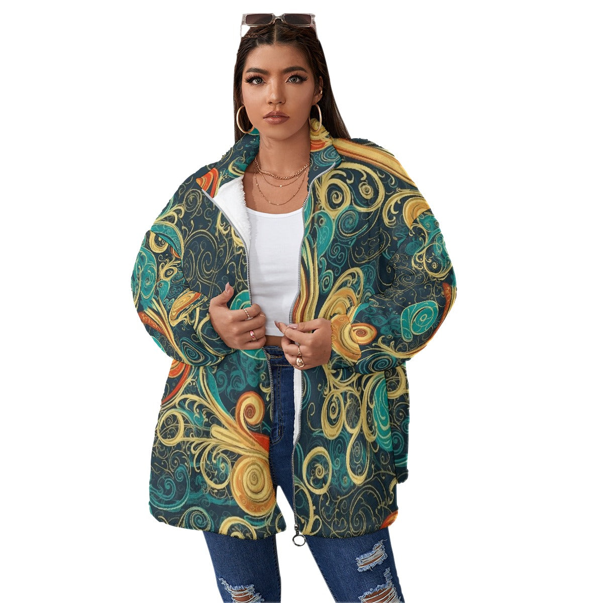 All-Over Print Unisex Borg Fleece Stand-up Collar Coat With Zipper Closure(Plus Size)
