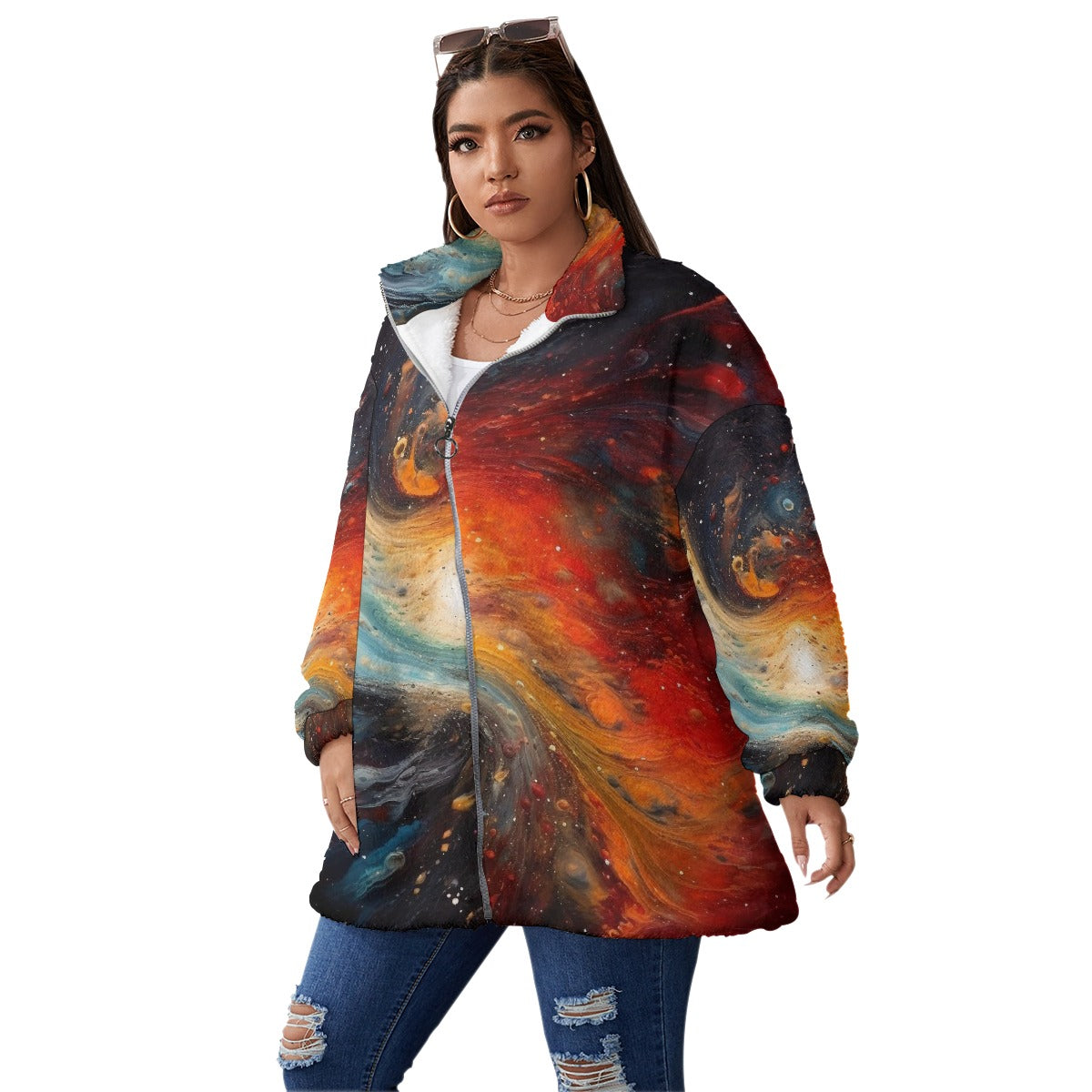 All-Over Print Unisex Borg Fleece Stand-up Collar Coat With Zipper Closure(Plus Size)