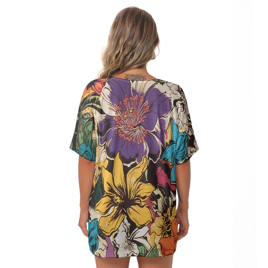 All-Over Print Women's Bat Sleeves V-Neck Blouse