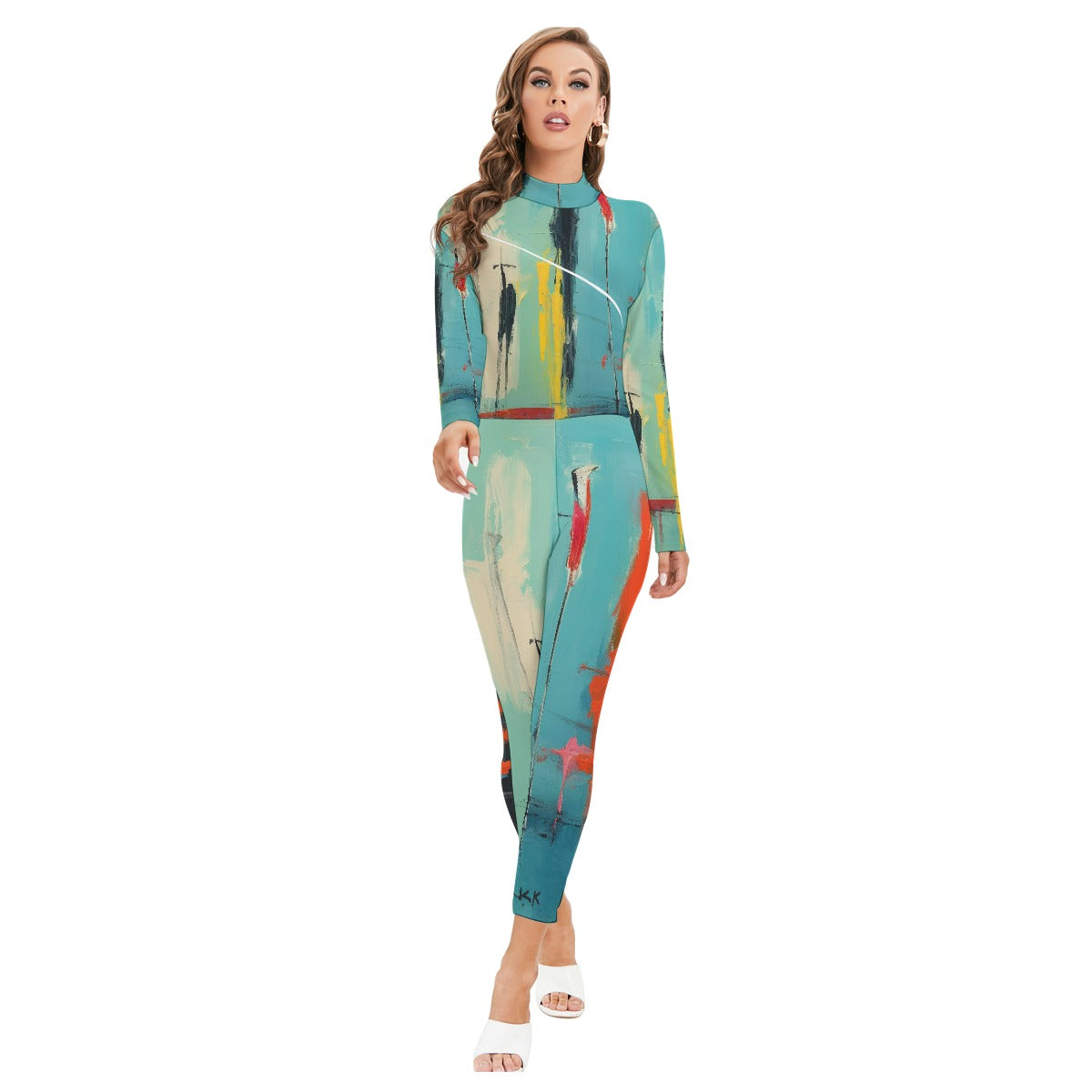 All-Over Print Women's Long-sleeved High-neck Jumpsuit With Zipper