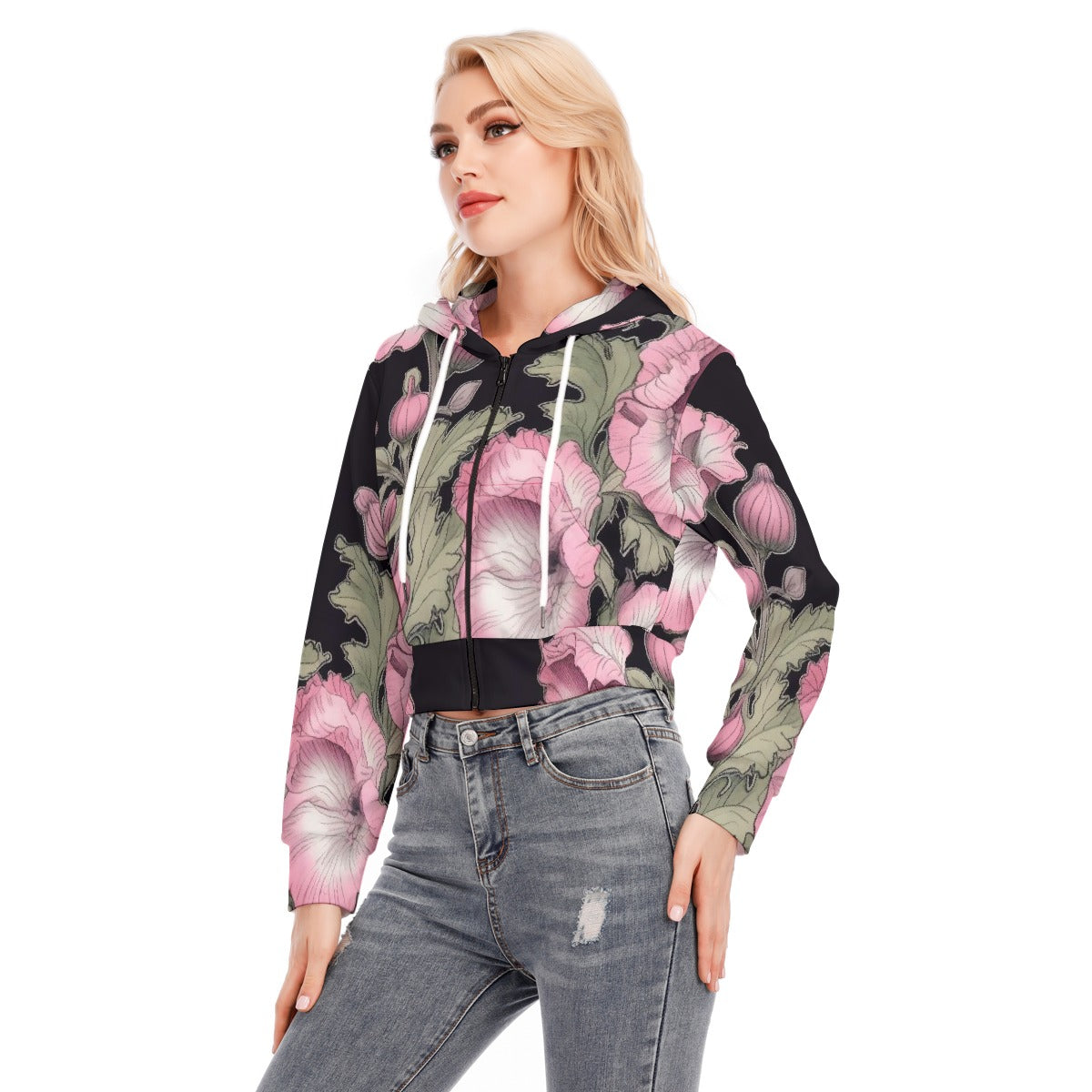All-Over Print Women's Crop Top Hoodie With Zipper Closure