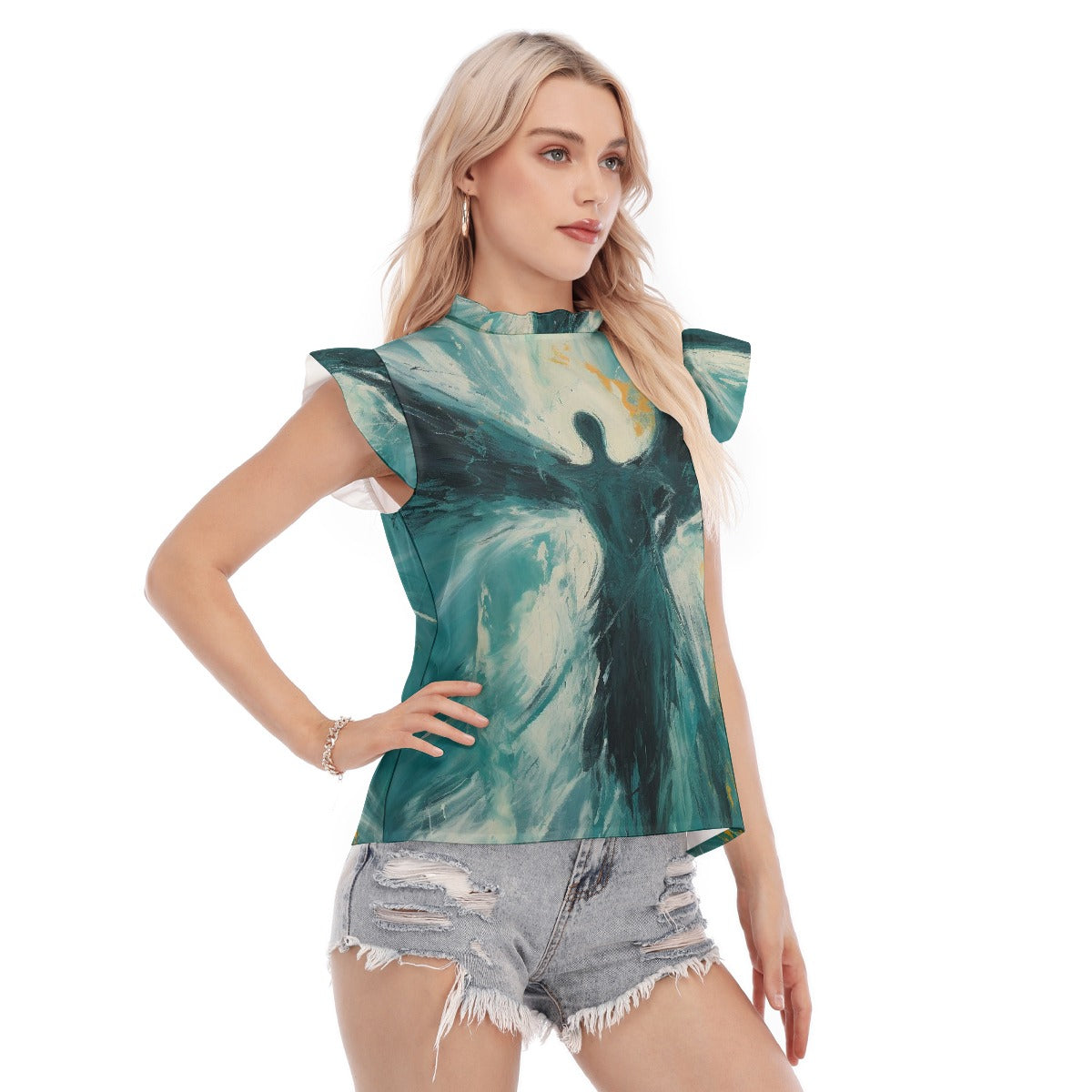 All-Over Print Women's Blouse With Ruffle Collar And Sleeve