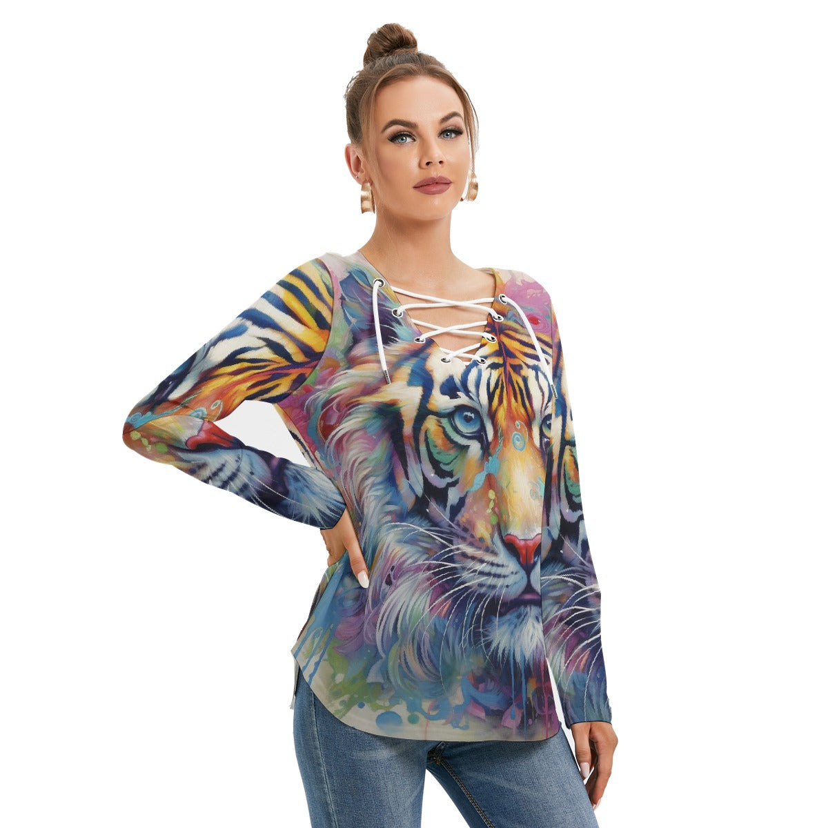 All-Over Print Women's Long Sleeve Neckline Tie Sweatshirt