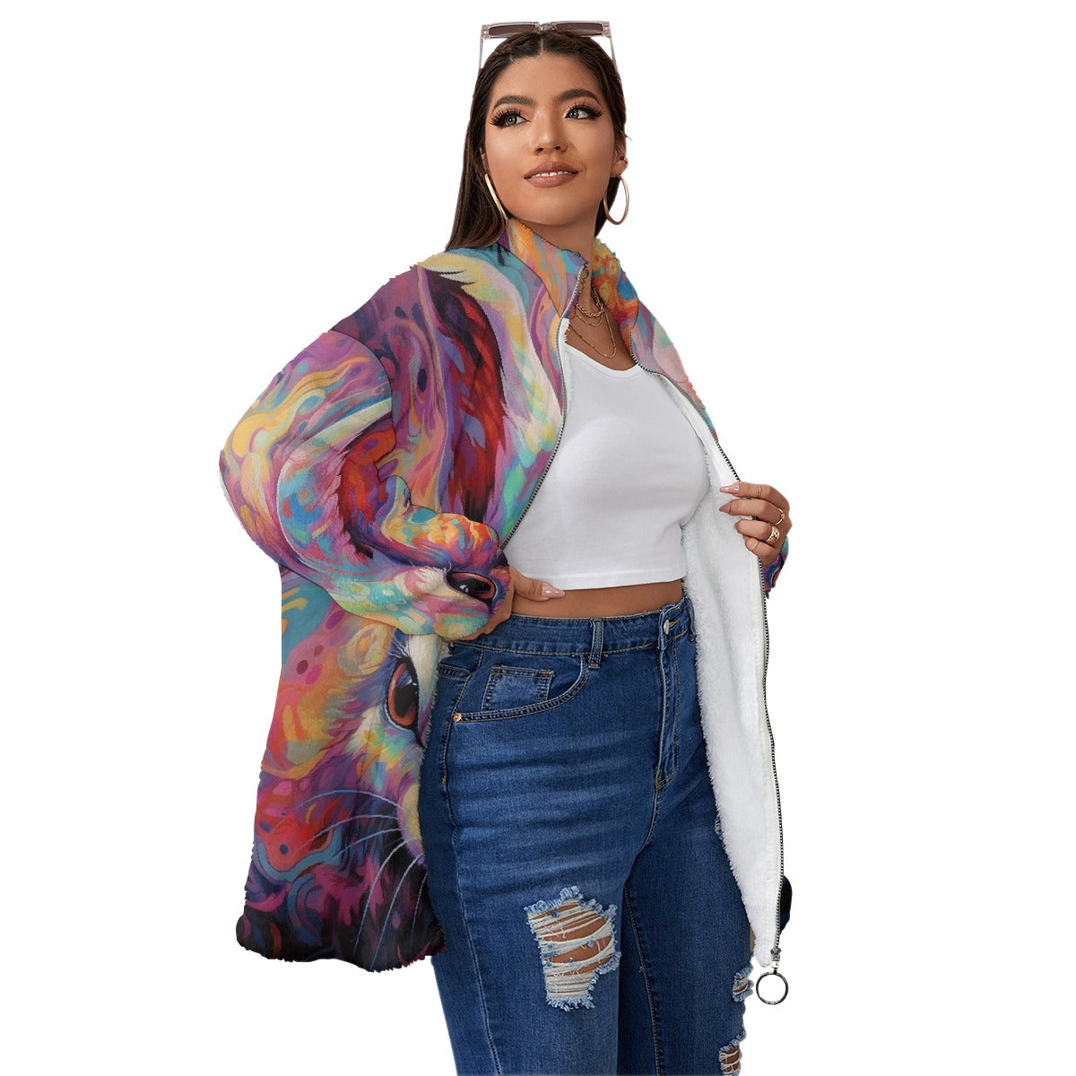 All-Over Print Unisex Borg Fleece Stand-up Collar Coat With Zipper Closure(Plus Size)