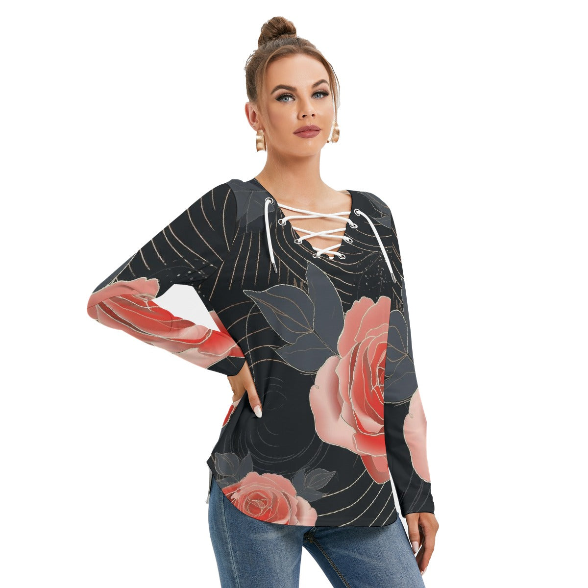 All-Over Print Women's Long Sleeve Neckline Tie Sweatshirt