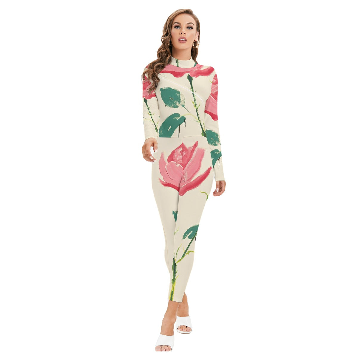 All-Over Print Women's Long-sleeved High-neck Jumpsuit With Zipper