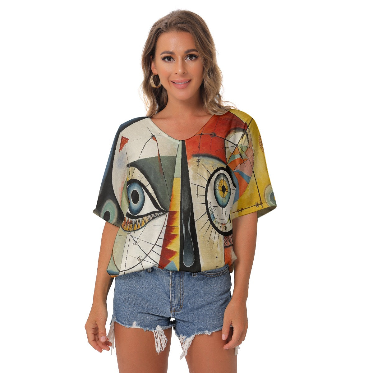 All-Over Print Women's Bat Sleeves V-Neck Blouse