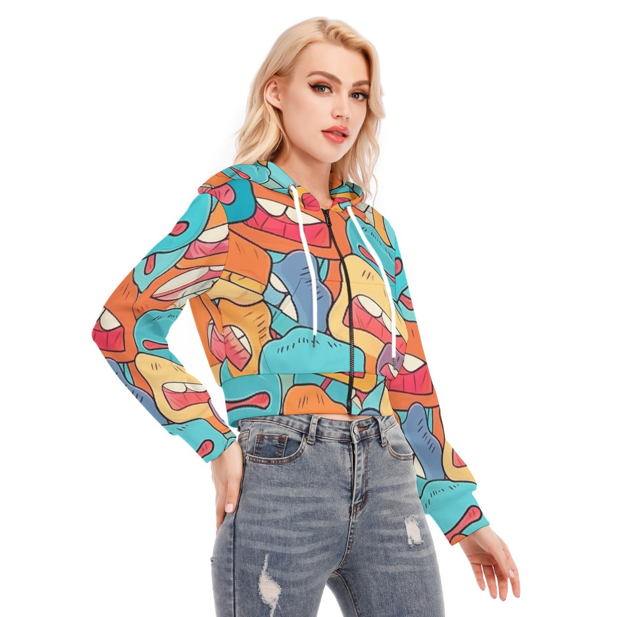 All-Over Print Women's Crop Top Hoodie With Zipper Closure
