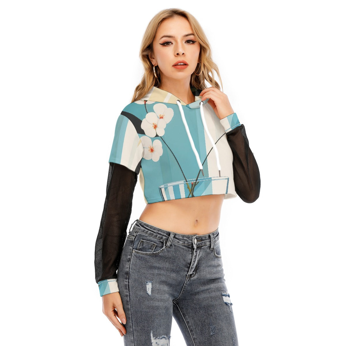 All-Over Print Women's Fake Two-piece Mesh Sleeve Cropped Hoodie