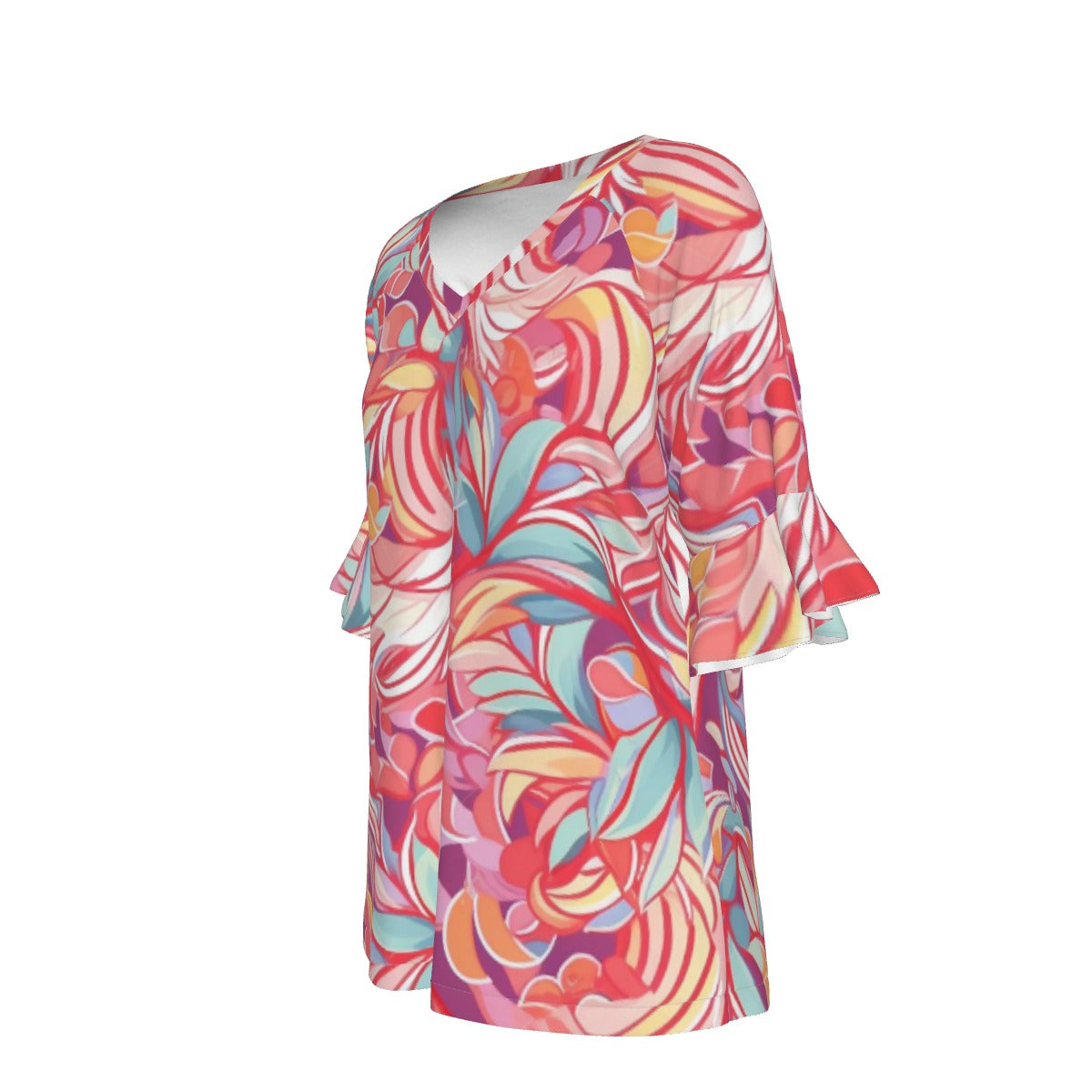 All-Over Print V-neck Women's T-shirt With Bell Sleeve