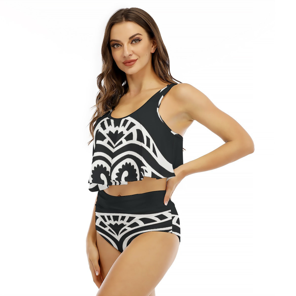 All-Over Print Women's Ruffled Vest Bikini Swimsuit