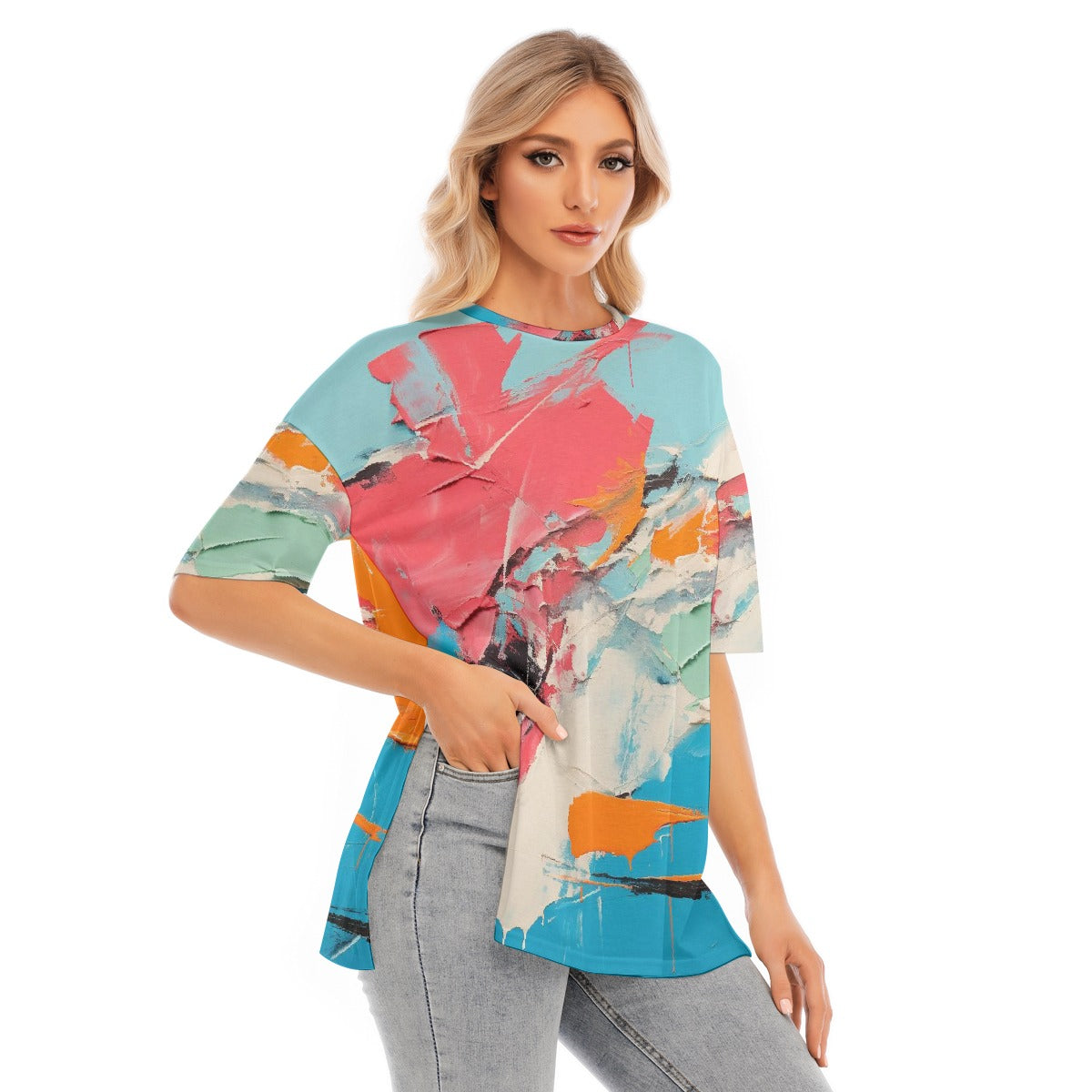 All-Over Print Women's Short Sleeves T-shirt With Hem Split