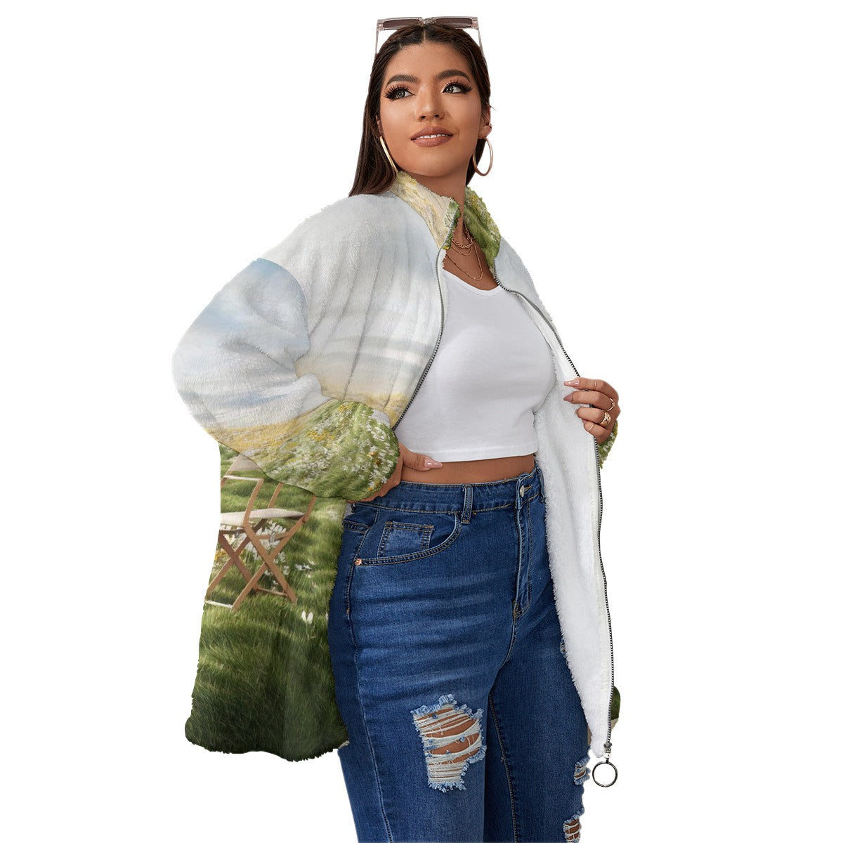 All-Over Print Unisex Borg Fleece Stand-up Collar Coat With Zipper Closure(Plus Size)