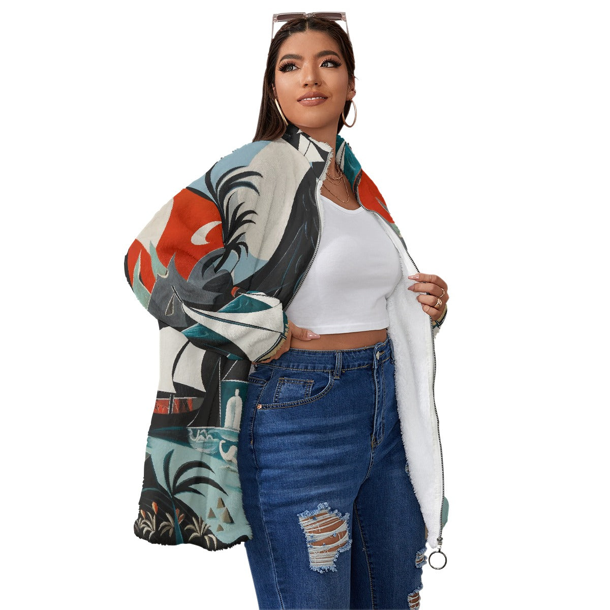 All-Over Print Unisex Borg Fleece Stand-up Collar Coat With Zipper Closure(Plus Size)