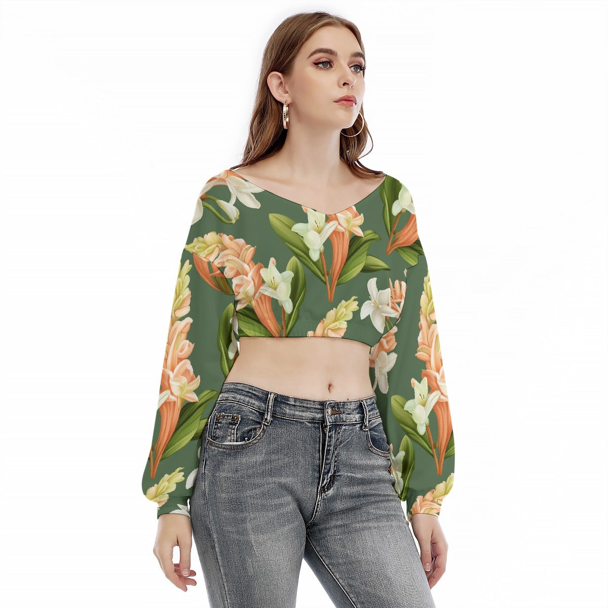 All-Over Print Women's V-neck Long Sleeve Cropped Sweatshirt