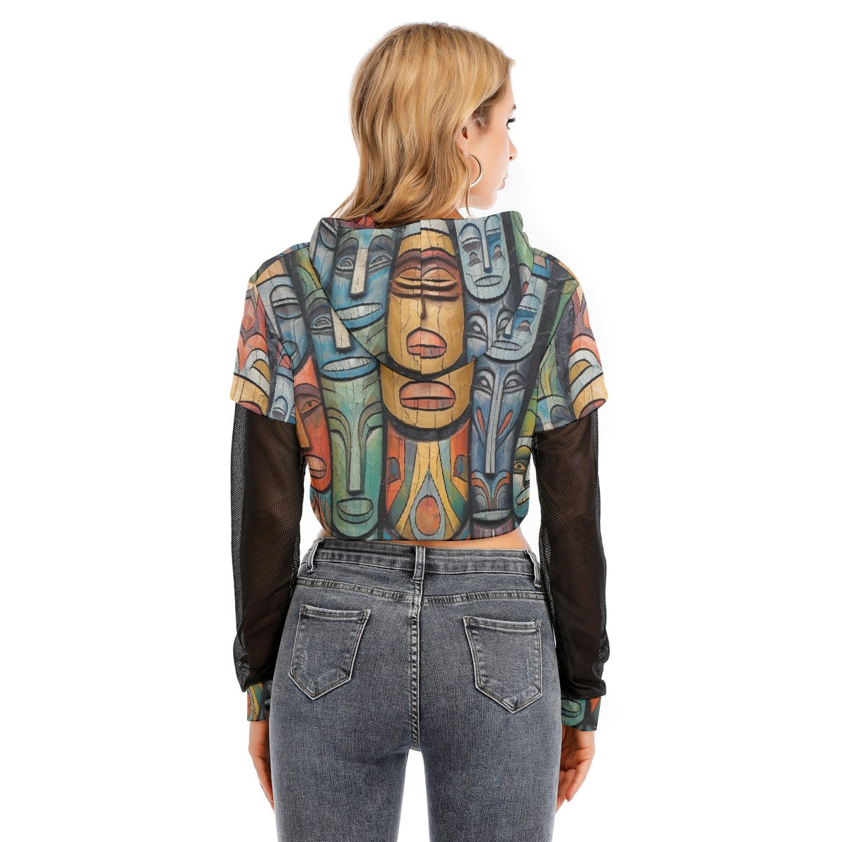 All-Over Print Women's Fake Two-piece Mesh Sleeve Cropped Hoodie