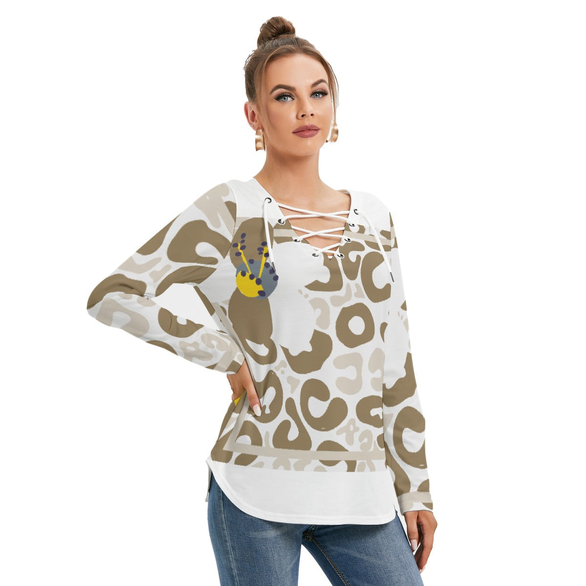 All-Over Print Women's Long Sleeve Neckline Tie Sweatshirt