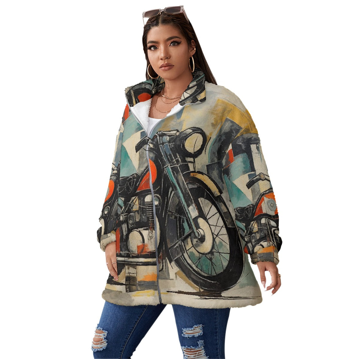 All-Over Print Unisex Borg Fleece Stand-up Collar Coat With Zipper Closure(Plus Size)