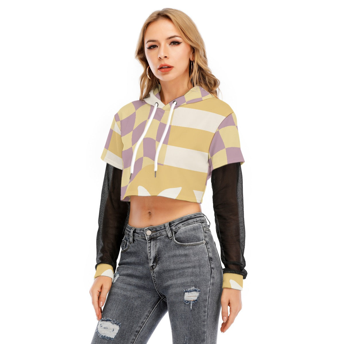 All-Over Print Women's Fake Two-piece Mesh Sleeve Cropped Hoodie