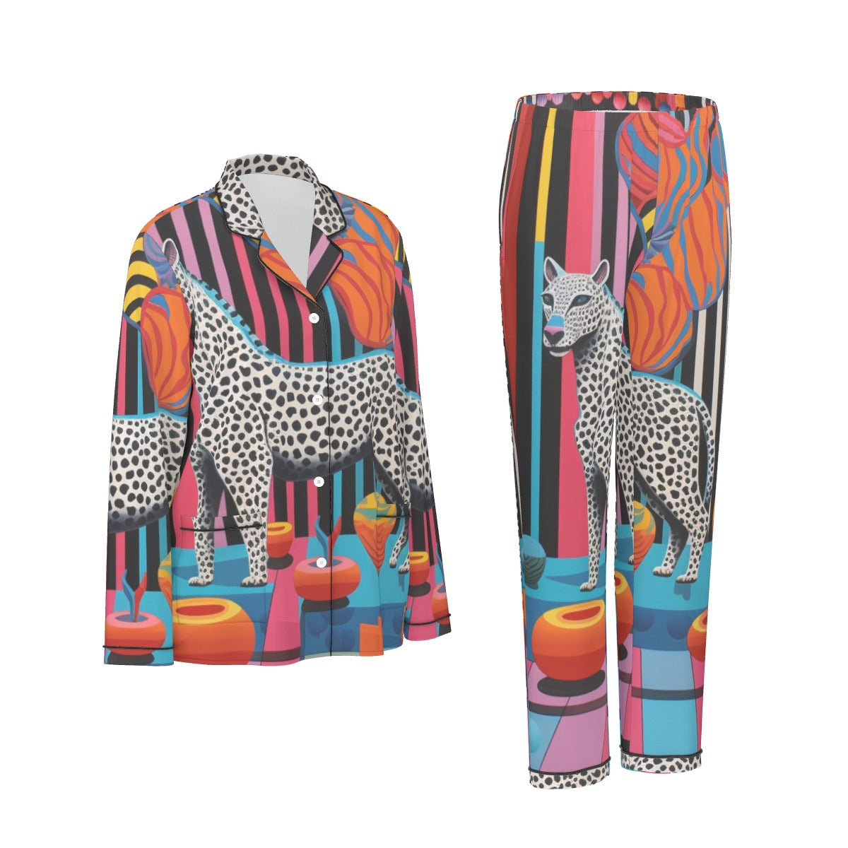 All-Over Print Women's Long Sleeve Pajama Set With Black Contrast Piping