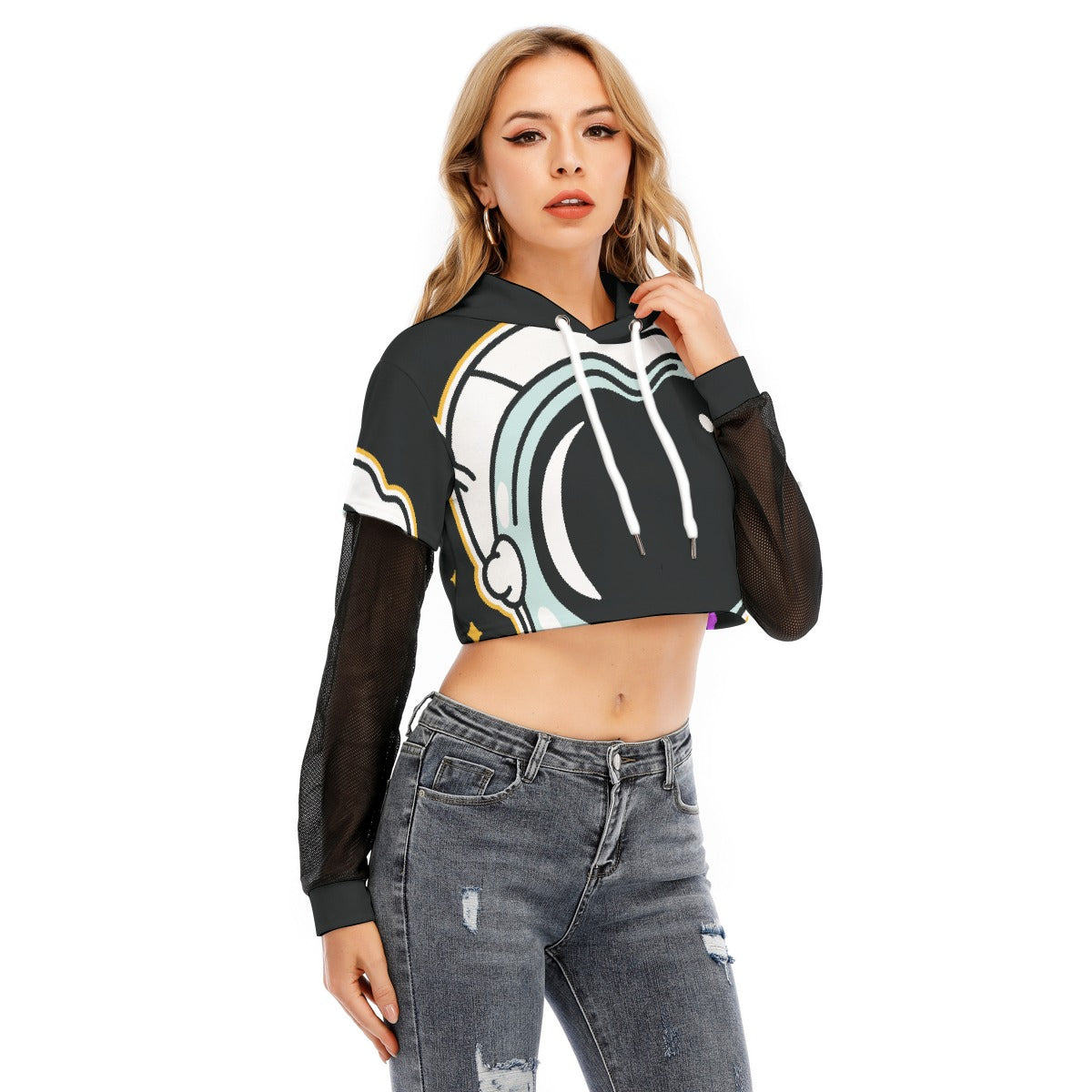 All-Over Print Women's Fake Two-piece Mesh Sleeve Cropped Hoodie