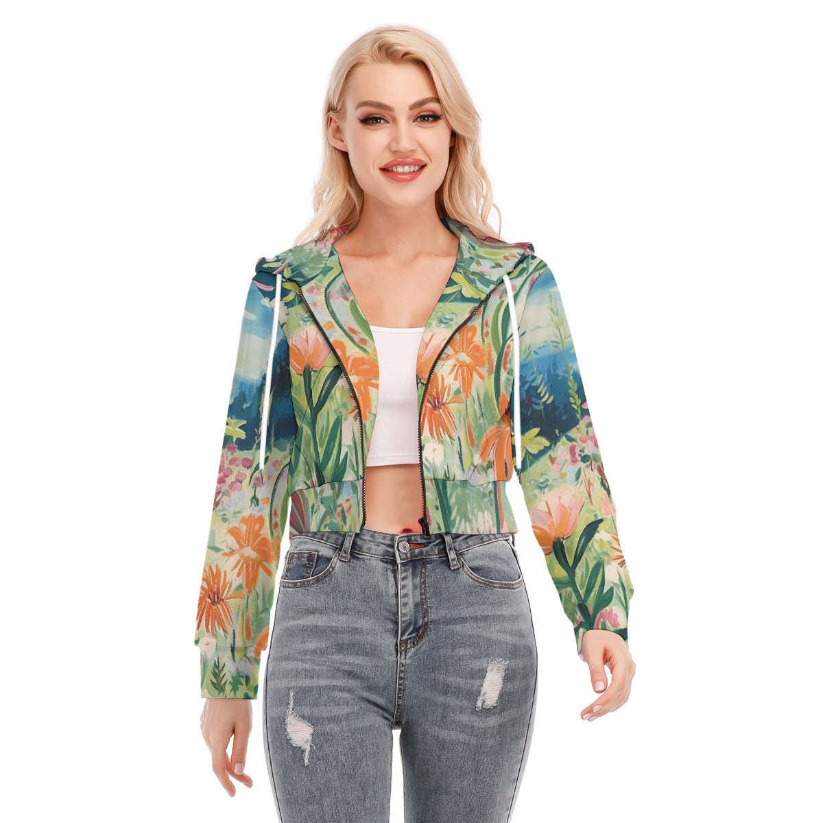 All-Over Print Women's Crop Top Hoodie With Zipper Closure