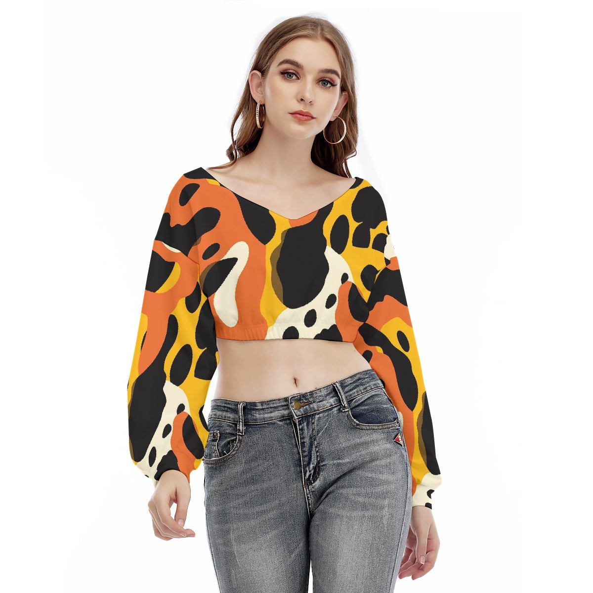 All-Over Print Women's V-neck Long Sleeve Cropped Sweatshirt